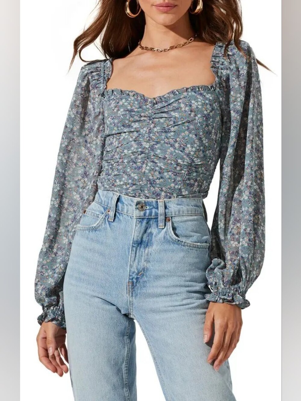 ASTR the Label Floral Ruched Top in Blue Ditsy